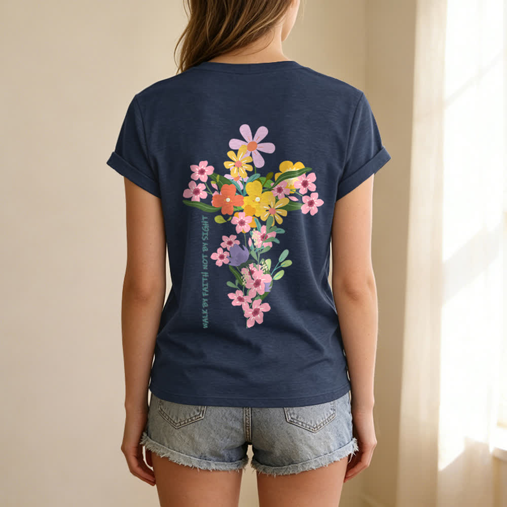 Christianartworkshop T-shirt décontracté à col en V avec imprimé floral double face « Jésus est la lumière, marche par la foi et non par la vue » - image 18