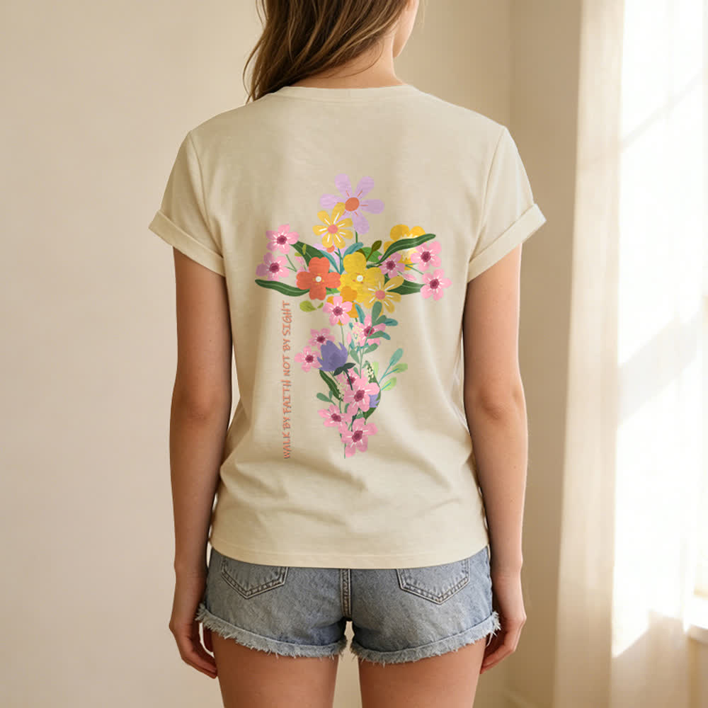 Christianartworkshop T-shirt décontracté à col en V avec imprimé floral double face « Jésus est la lumière, marche par la foi et non par la vue » - image 2