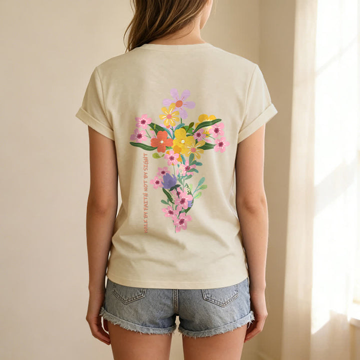 Christianartworkshop T-shirt décontracté à col en V avec imprimé floral double face « Jésus est la lumière, marche par la foi et non par la vue » - image 2