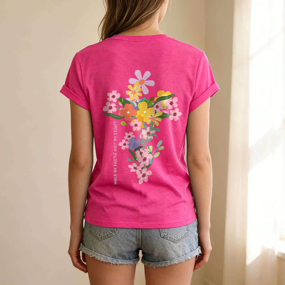 Christianartworkshop T-shirt décontracté à col en V avec imprimé floral double face « Jésus est la lumière, marche par la foi et non par la vue » - image 46