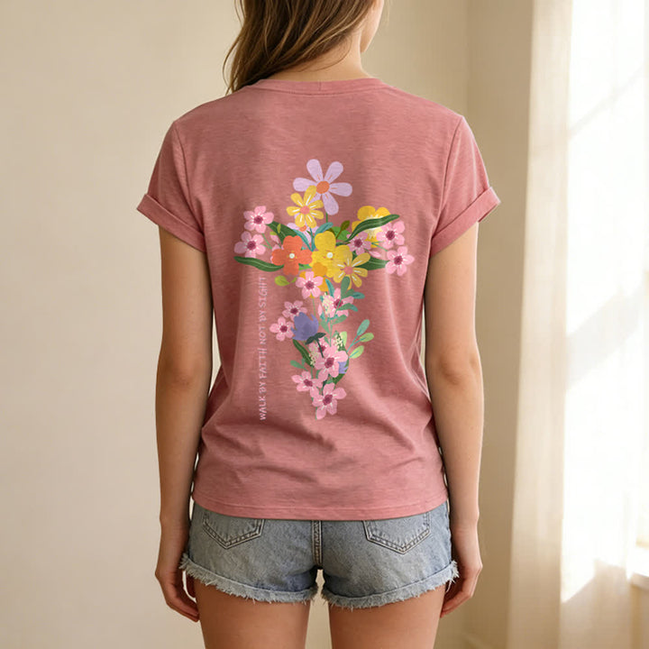 Christianartworkshop T-shirt décontracté à col en V avec imprimé floral double face « Jésus est la lumière, marche par la foi et non par la vue » - image 38