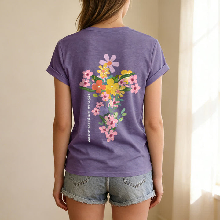 Christianartworkshop T-shirt décontracté à col en V avec imprimé floral double face « Jésus est la lumière, marche par la foi et non par la vue » - image 34