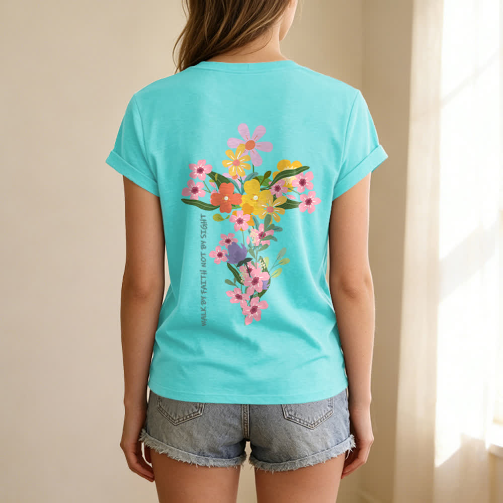 Christianartworkshop T-shirt décontracté à col en V avec imprimé floral double face « Jésus est la lumière, marche par la foi et non par la vue » - image 42