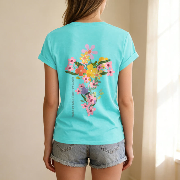 Christianartworkshop T-shirt décontracté à col en V avec imprimé floral double face « Jésus est la lumière, marche par la foi et non par la vue » - image 42