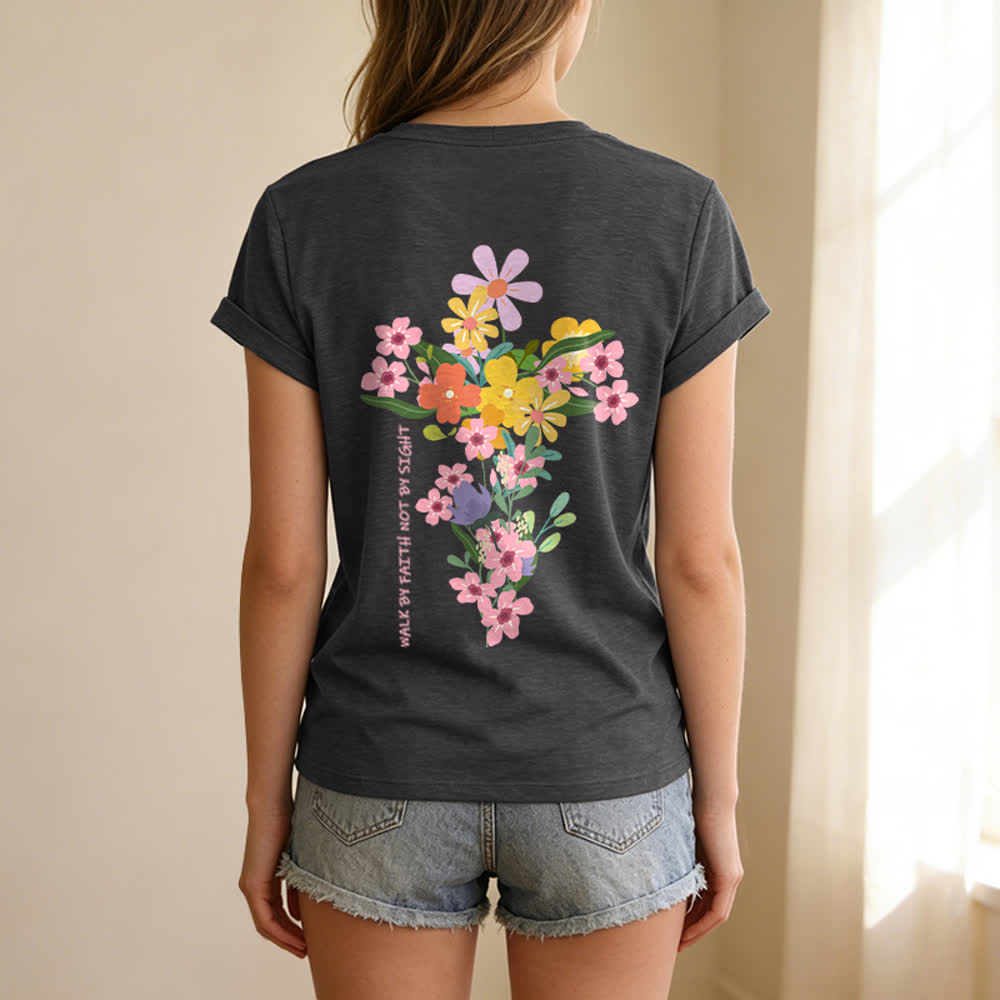 Christianartworkshop T-shirt décontracté à col en V avec imprimé floral double face « Jésus est la lumière, marche par la foi et non par la vue » - image 10