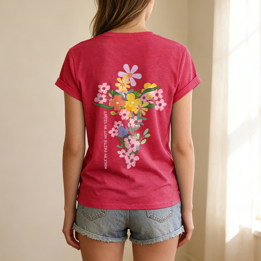 Christianartworkshop T-shirt décontracté à col en V avec imprimé floral double face « Jésus est la lumière, marche par la foi et non par la vue » - image 30