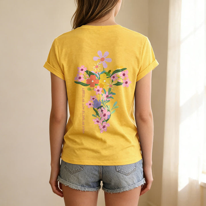 Christianartworkshop T-shirt décontracté à col en V avec imprimé floral double face « Jésus est la lumière, marche par la foi et non par la vue » - image 50