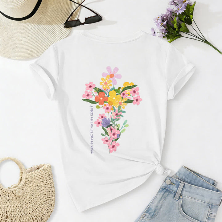 Christianartworkshop T-shirt décontracté à col en V avec imprimé floral double face « Jésus est la lumière, marche par la foi et non par la vue » - Blanc - 2XL - image 4