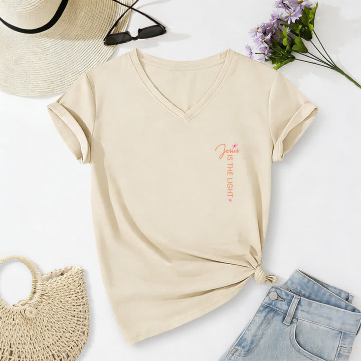 Christianartworkshop T-shirt décontracté à col en V avec imprimé floral double face « Jésus est la lumière, marche par la foi et non par la vue » - image 1