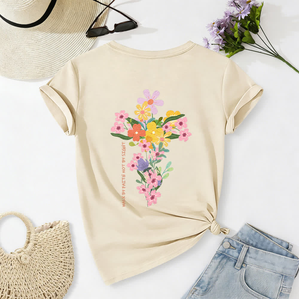 Christianartworkshop T-shirt décontracté à col en V avec imprimé floral double face « Jésus est la lumière, marche par la foi et non par la vue » - Beige - 2XL - image 0