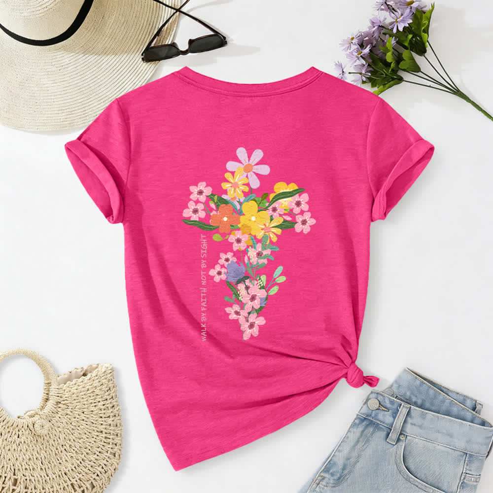 Christianartworkshop T-shirt décontracté à col en V avec imprimé floral double face « Jésus est la lumière, marche par la foi et non par la vue » - Rose - 2XL - image 44
