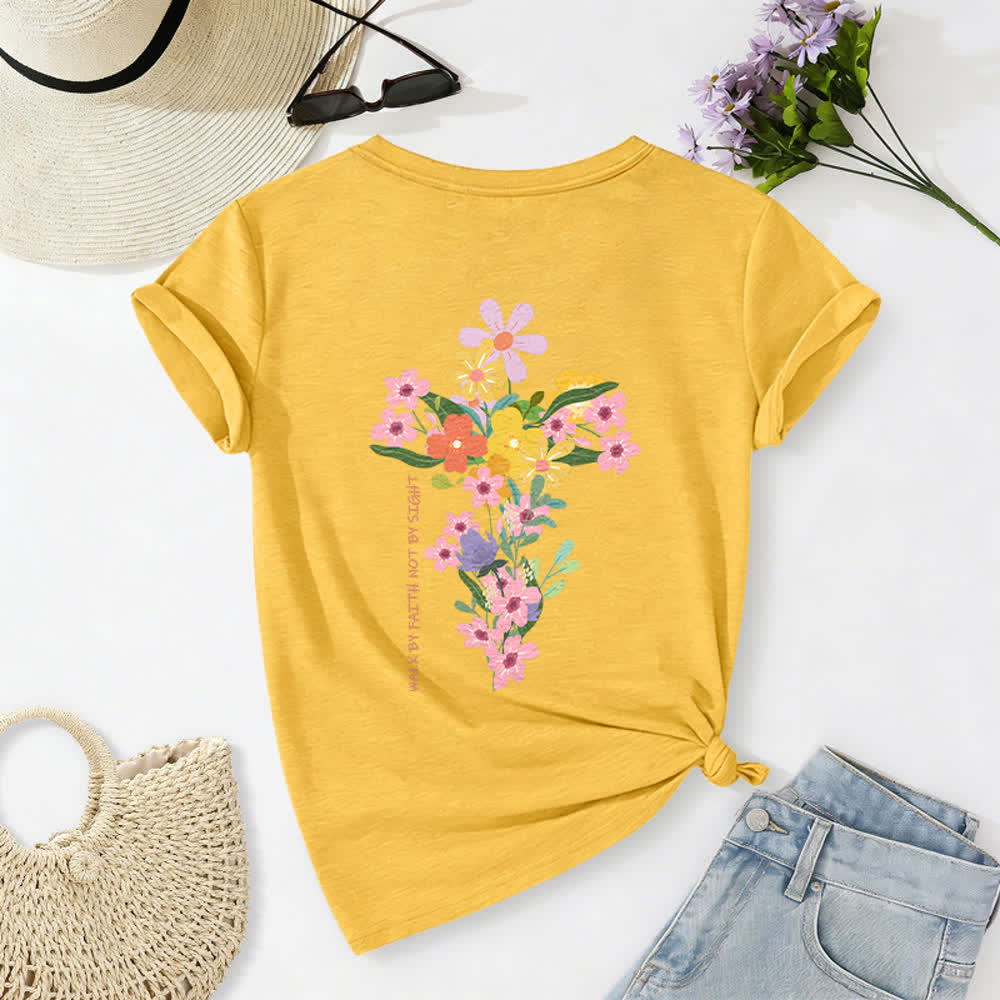 Christianartworkshop T-shirt décontracté à col en V avec imprimé floral double face « Jésus est la lumière, marche par la foi et non par la vue » - Jaune - 2XL - image 48