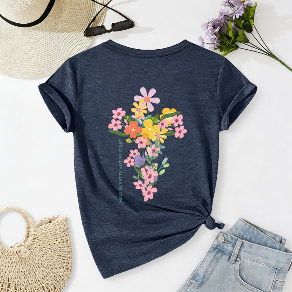 Christianartworkshop T-shirt décontracté à col en V avec imprimé floral double face « Jésus est la lumière, marche par la foi et non par la vue » - Bleu marine - 2XL - image 16