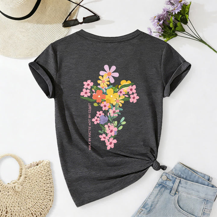 Christianartworkshop T-shirt décontracté à col en V avec imprimé floral double face « Jésus est la lumière, marche par la foi et non par la vue » - Gris foncé - 2XL - image 8