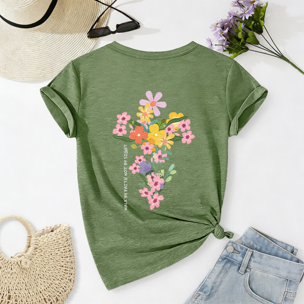 Christianartworkshop T-shirt décontracté à col en V avec imprimé floral double face « Jésus est la lumière, marche par la foi et non par la vue » - Vert foncé - 2XL - image 12