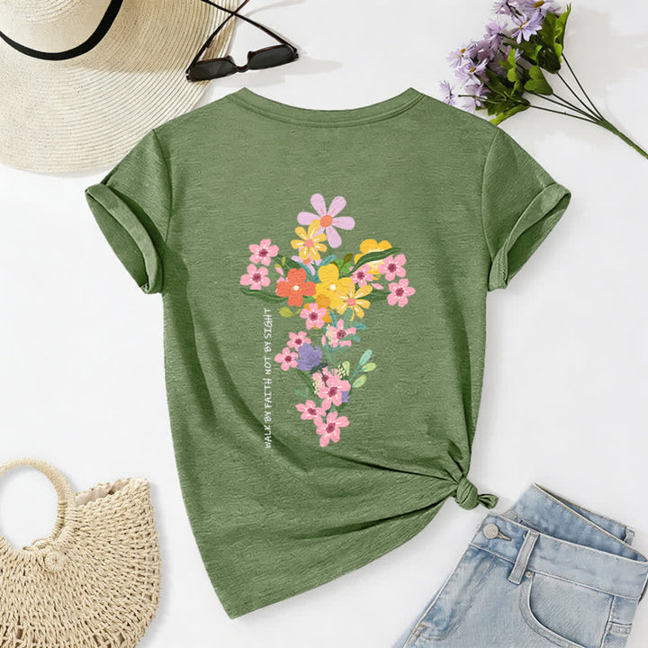 Christianartworkshop T-shirt décontracté à col en V avec imprimé floral double face « Jésus est la lumière, marche par la foi et non par la vue » - Vert foncé - 2XL - image 12