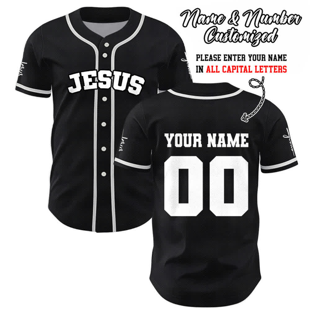 Christianartworkshop Maillot de baseball unisexe personnalisé classique Jésus - Noir - 5XL - Nom & Numéro personnalisé - image 0