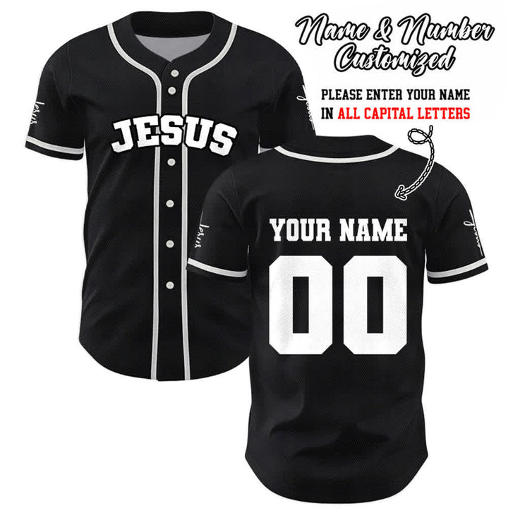 Christianartworkshop Maillot de baseball unisexe personnalisé classique Jésus - Noir - 5XL - Nom & Numéro personnalisé - image 0