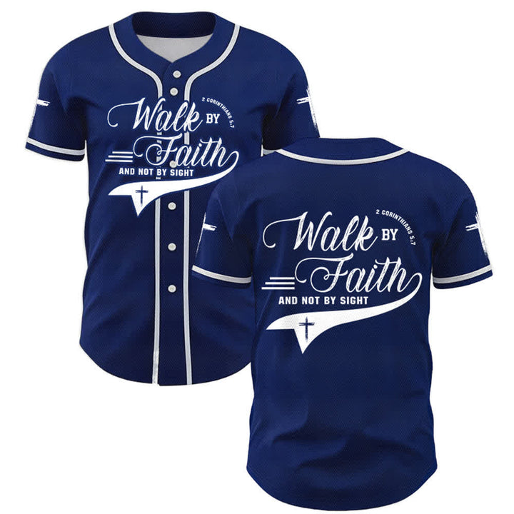 Christianartworkshop 2 Corinthiens 5:7 « Marchez par la foi et non par la vue » Maillot de baseball avec croix - Bleu marine - 5XL - image 0