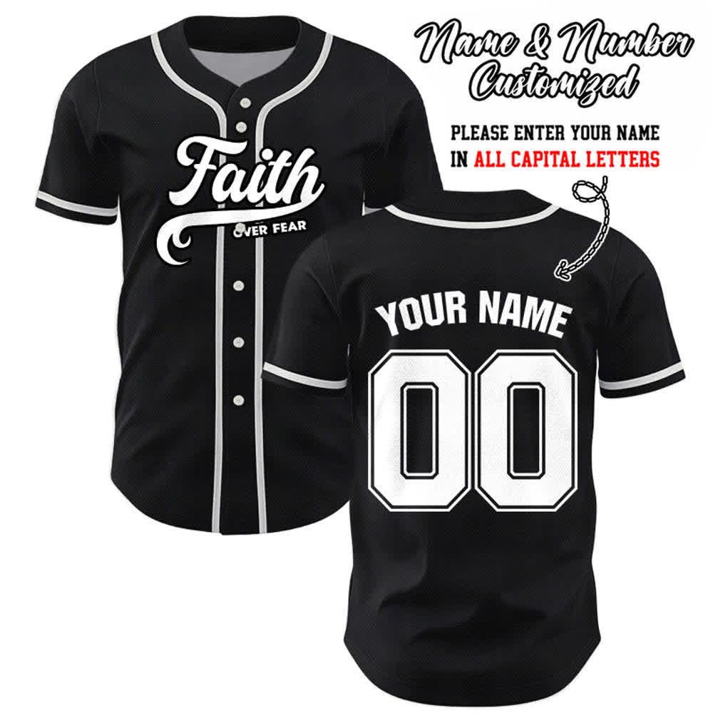 Christianartworkshop Maillot de baseball unisexe personnalisé avec nom et numéro « La foi plutôt que la peur » - Noir - 5XL - Nom & Numéro personnalisé - image 0