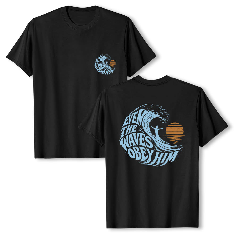 Christianartworkshop Même les vagues lui obéissent - T-shirt classique à motif vagues double face - Noir - 2XL - image 18