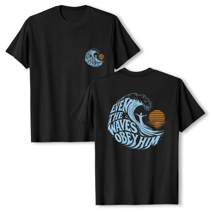 Christianartworkshop Même les vagues lui obéissent - T-shirt classique à motif vagues double face - Noir - 2XL - image 18