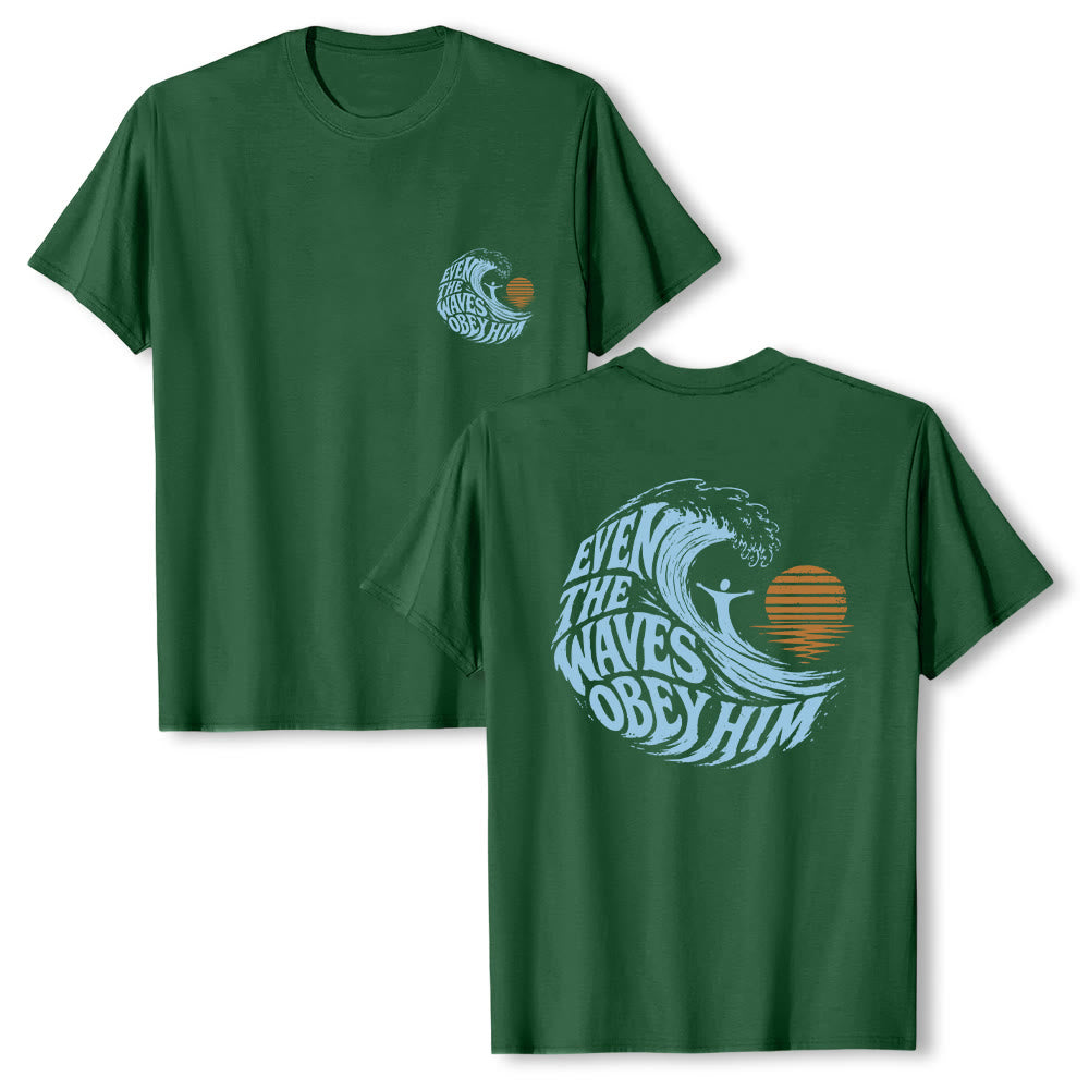 Christianartworkshop Même les vagues lui obéissent - T-shirt classique à motif vagues double face - Vert foncé - 2XL - image 15