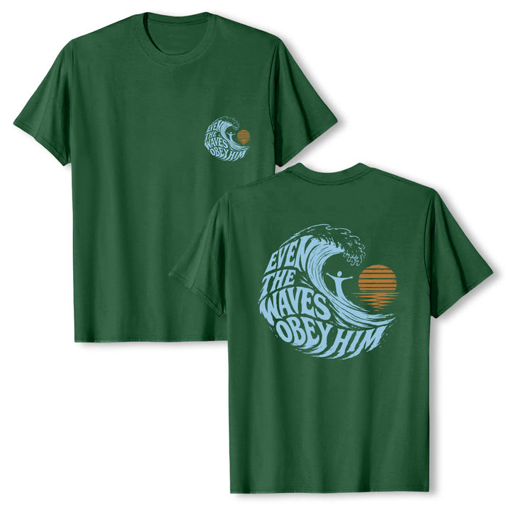 Christianartworkshop Même les vagues lui obéissent - T-shirt classique à motif vagues double face - Vert foncé - 2XL - image 15