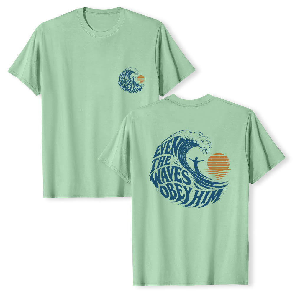 Christianartworkshop Même les vagues lui obéissent - T-shirt classique à motif vagues double face - Vert clair - 2XL - image 24