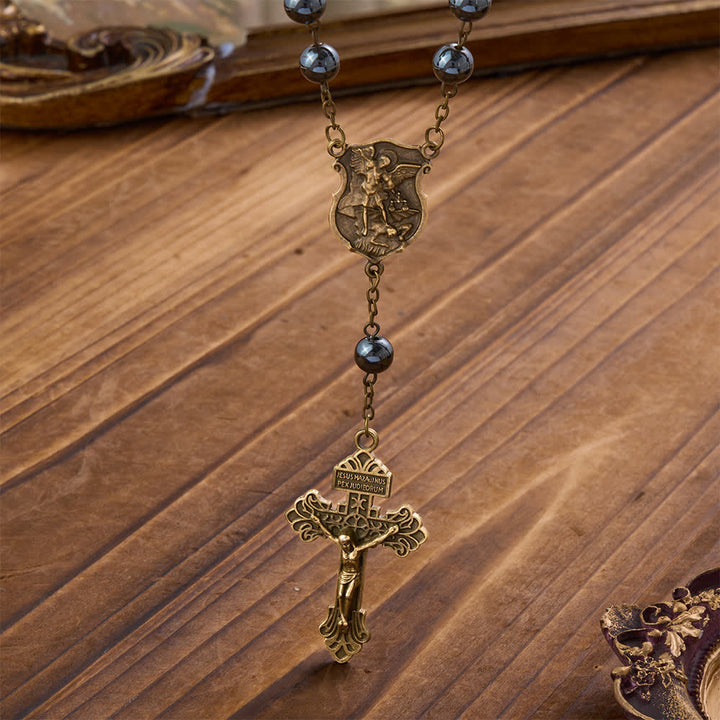 Pendentif de voiture en perle d'hématite avec médaille de Saint Michel et crucifix, créé par Christianartworkshop : un cadeau de protection et de force célestes. - image 8