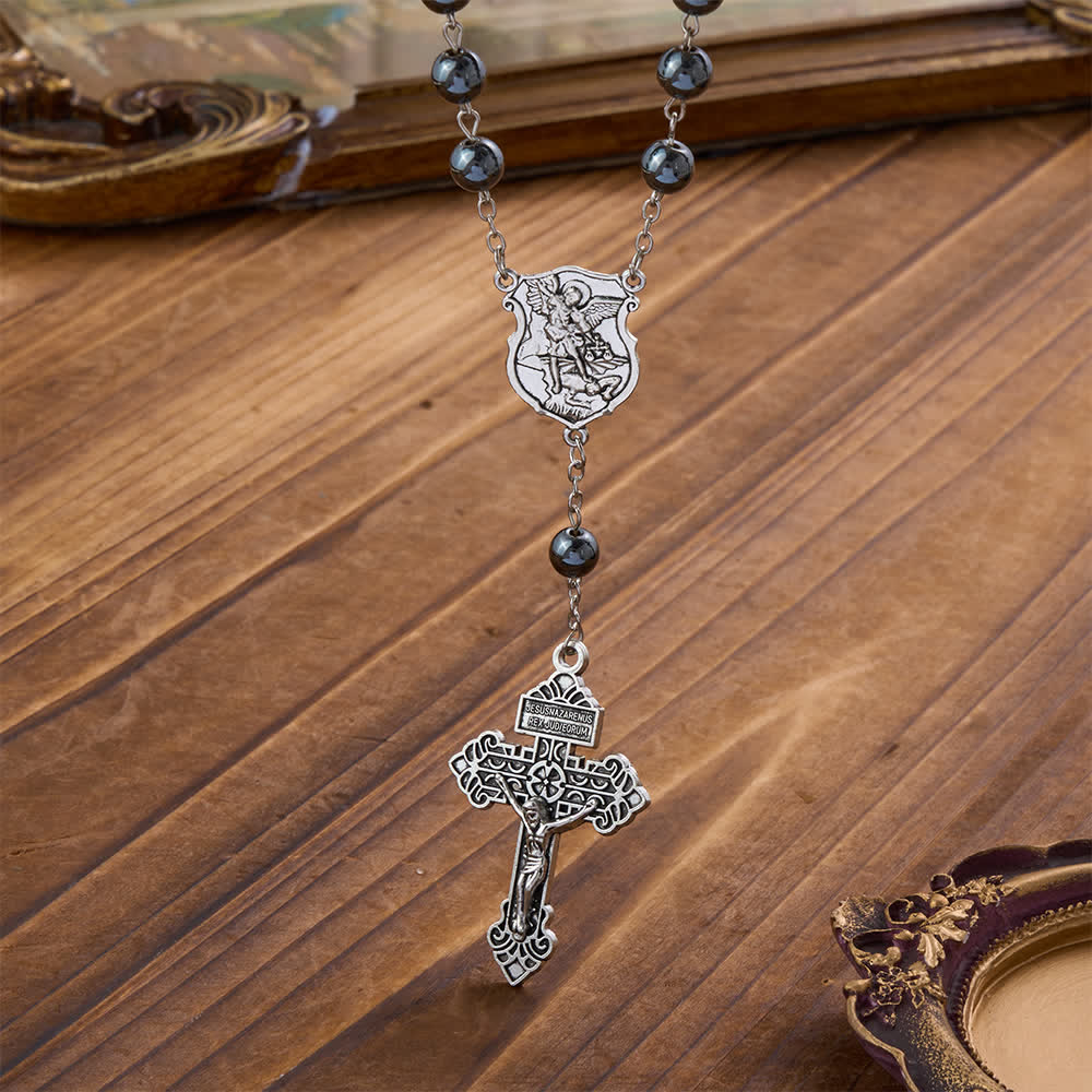 Pendentif de voiture en perle d'hématite avec médaille de Saint Michel et crucifix, créé par Christianartworkshop : un cadeau de protection et de force célestes. - image 13