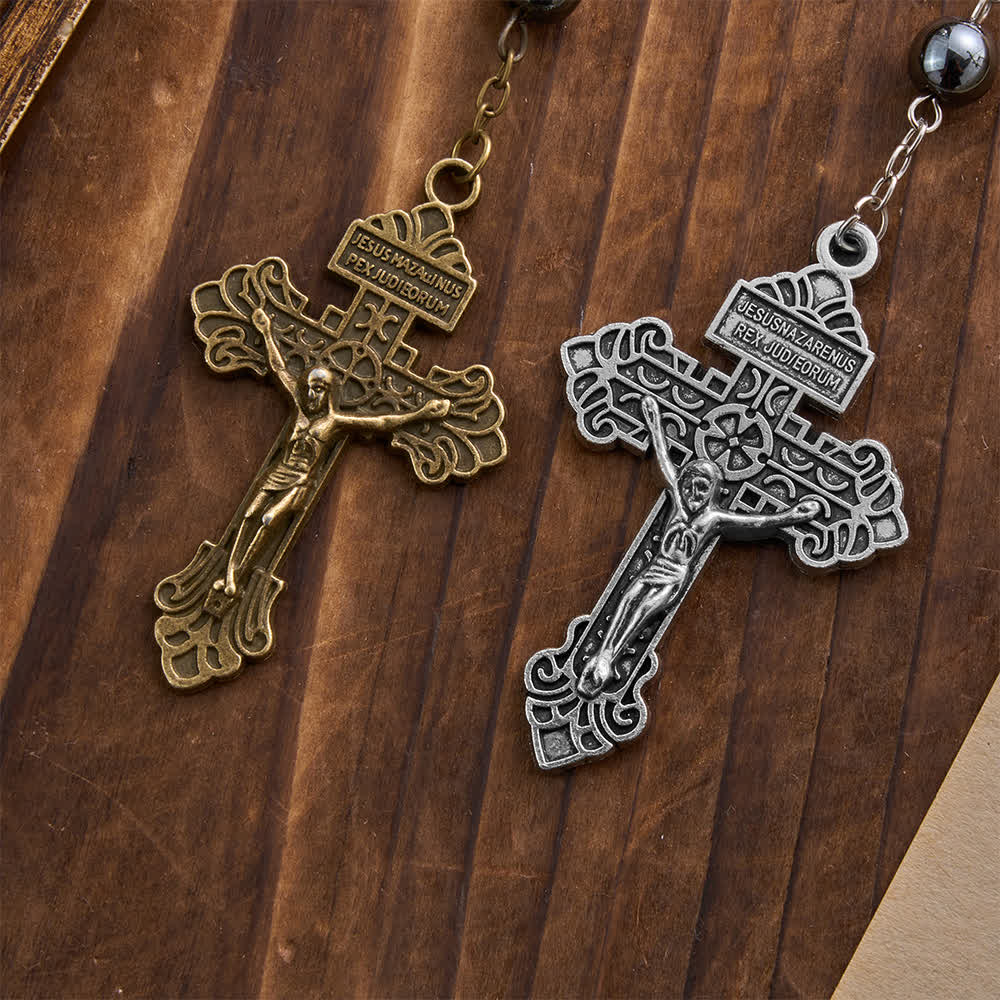 Pendentif de voiture en perle d'hématite avec médaille de Saint Michel et crucifix, créé par Christianartworkshop : un cadeau de protection et de force célestes. - image 4