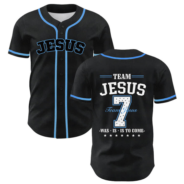 Maillot de baseball unisexe Christianartworkshop Team Jesus Numéro 7 Était Est Est À Venir - Bleu - 5XL - image 0