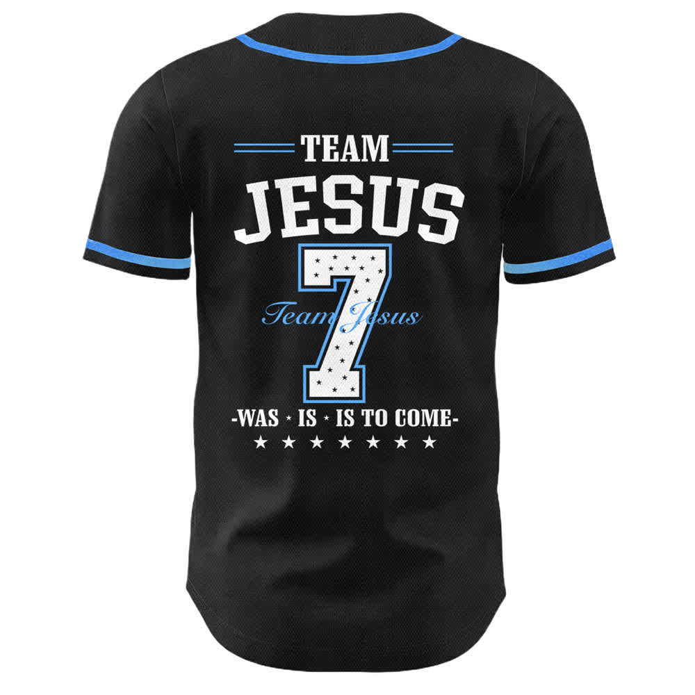 Maillot de baseball unisexe Christianartworkshop Team Jesus Numéro 7 Était Est Est À Venir - image 1