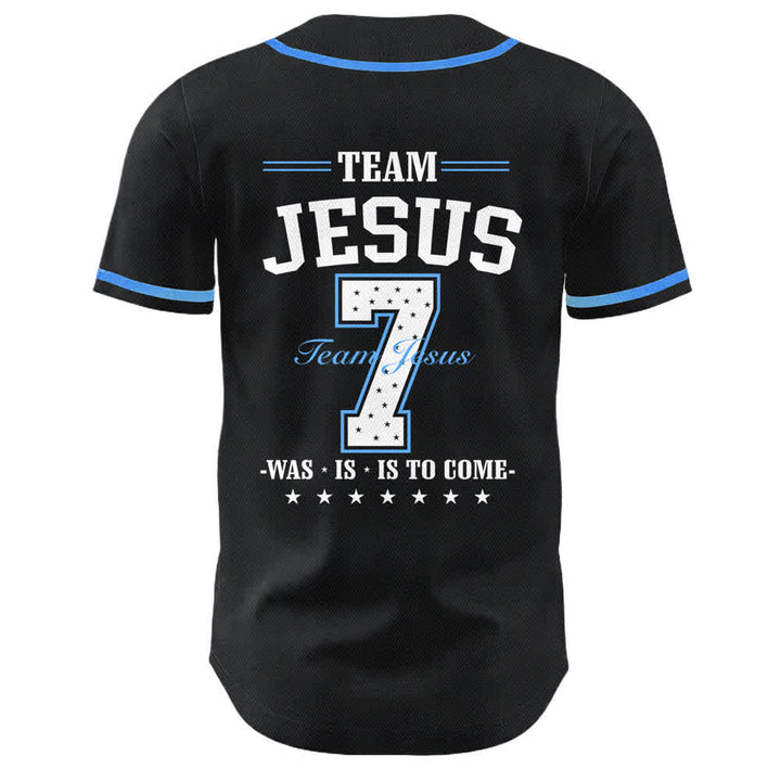 Maillot de baseball unisexe Christianartworkshop Team Jesus Numéro 7 Était Est Est À Venir - image 1