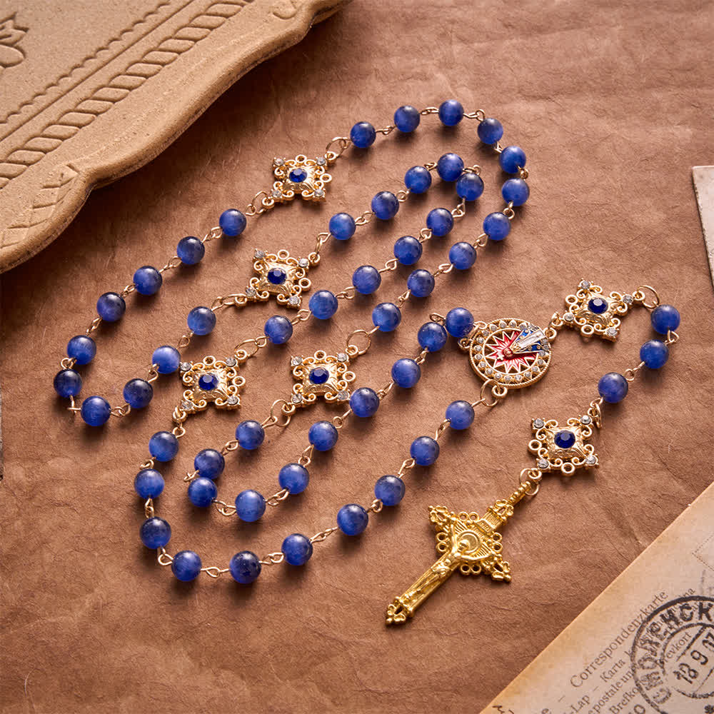 Christianartworkshop Chapelet vintage en filigrane bleu à perles œil-de-chat : emblème d'une sérénité céleste - Chapelet aux yeux de chat bleus - image 0