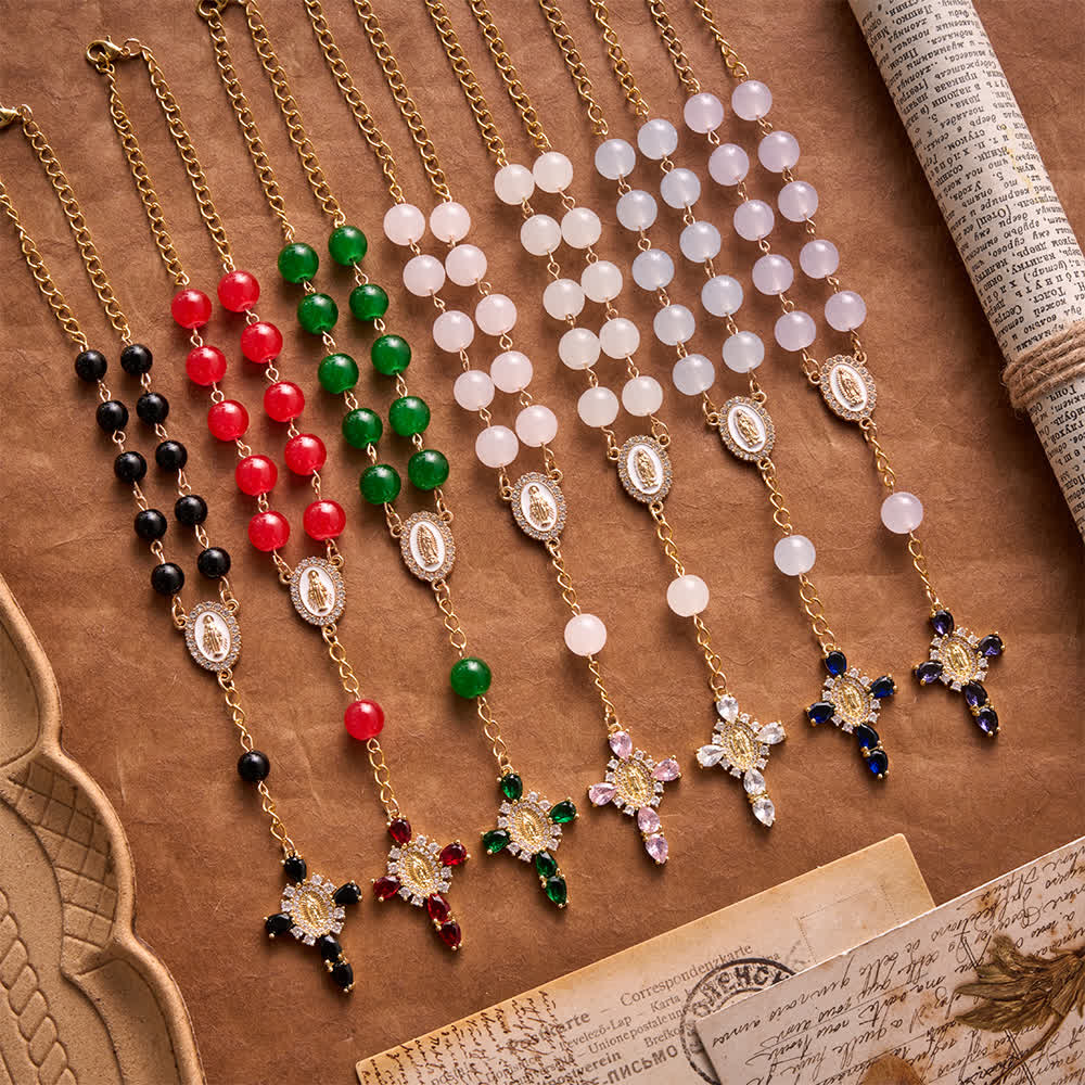 Christianartworkshop Chapelet de poche pour voiture en vitrail multicolore avec croix Notre-Dame de Guadalupe ornée de pierres précieuses - image 1
