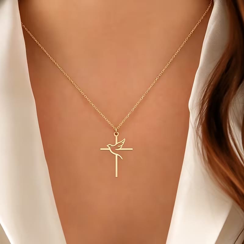 Christianartworkshop Collier pendentif croix colombe aux contours minimalistes : emblème de la pure paix céleste - image 1