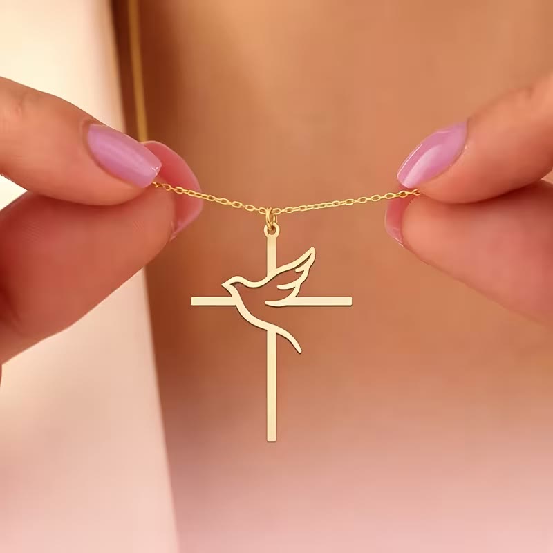 Christianartworkshop Collier pendentif croix colombe aux contours minimalistes : emblème de la pure paix céleste - Doré - image 0