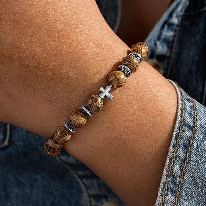 Christianartworkshop Bracelet extensible en perles de bois naturel en forme de croix : emblème d'un refuge céleste stable - J - image 9