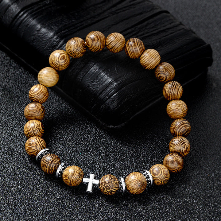 Christianartworkshop Bracelet extensible en perles de bois naturel en forme de croix : emblème d'un refuge céleste stable - image 10