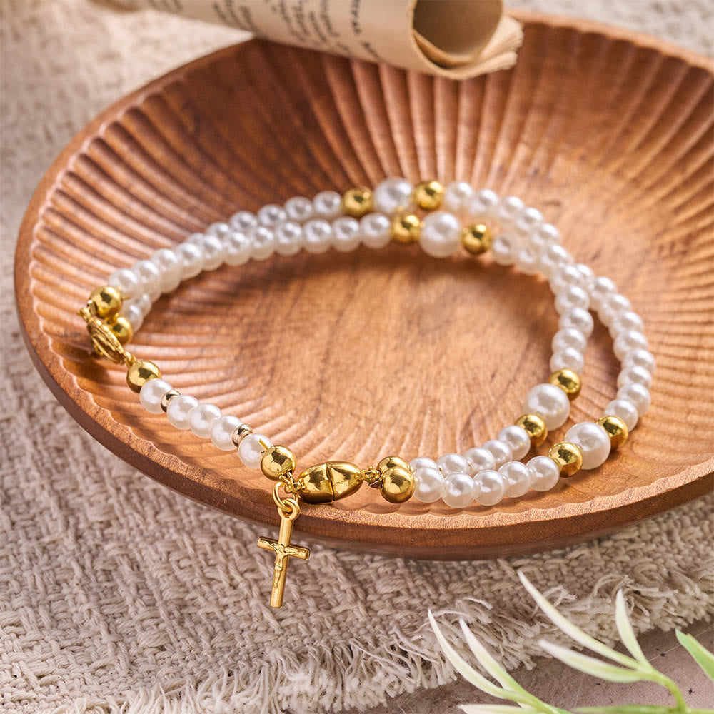 Christianartworkshop Bracelet rond à perles avec croix et médaille sacrée : emblème de la pure miséricorde céleste - Blanc - image 1