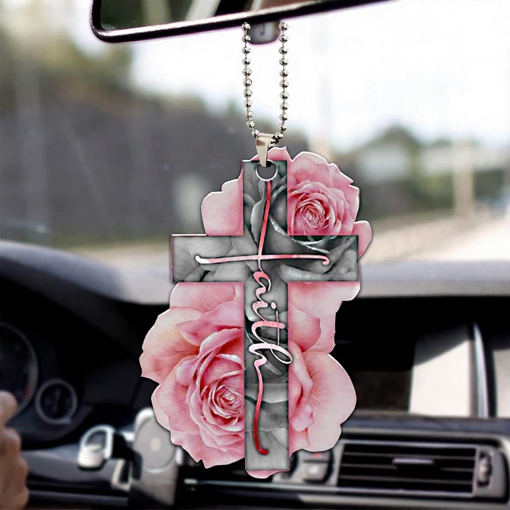 Christianartworkshop Pendentif de voiture Croix de la Foi Florale : Emblème de la Bénédiction d'un Voyage Céleste et Chaleureux - Rose rose - image 1