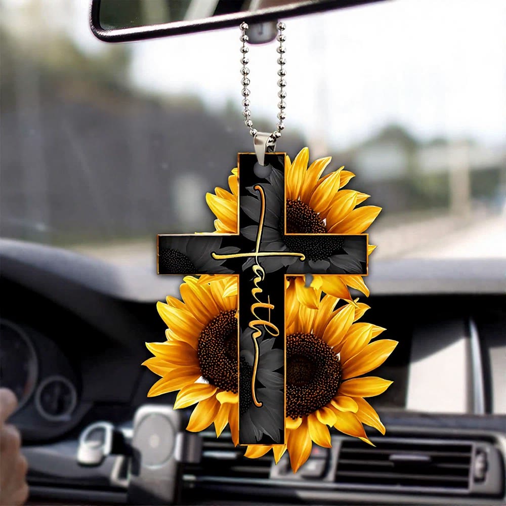 Christianartworkshop Pendentif de voiture Croix de la Foi Florale : Emblème de la Bénédiction d'un Voyage Céleste et Chaleureux - Tournesol nature - image 3