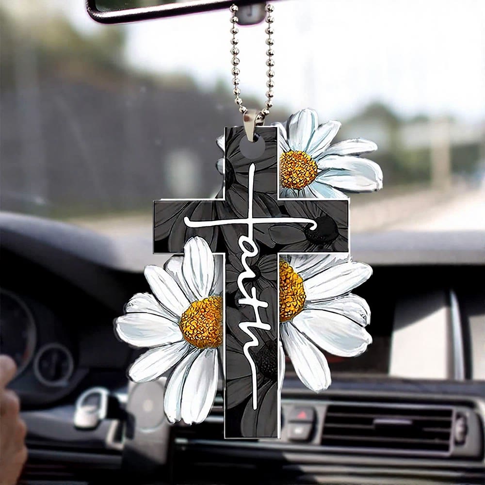 Christianartworkshop Pendentif de voiture Croix de la Foi Florale : Emblème de la Bénédiction d'un Voyage Céleste et Chaleureux - Peinture à l'huile vintage marguerite - image 5