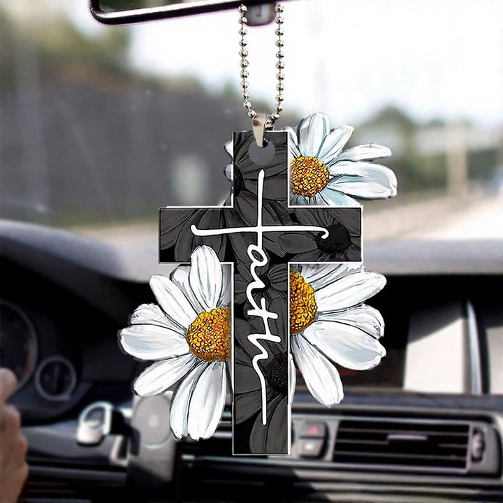 Christianartworkshop Pendentif de voiture Croix de la Foi Florale : Emblème de la Bénédiction d'un Voyage Céleste et Chaleureux - Peinture à l'huile vintage marguerite - image 5