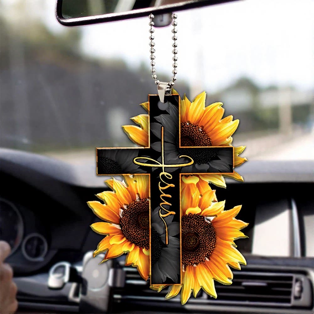 Christianartworkshop Pendentif de voiture Croix de la Foi Florale : Emblème de la Bénédiction d'un Voyage Céleste et Chaleureux - Jésus tournesol - image 0