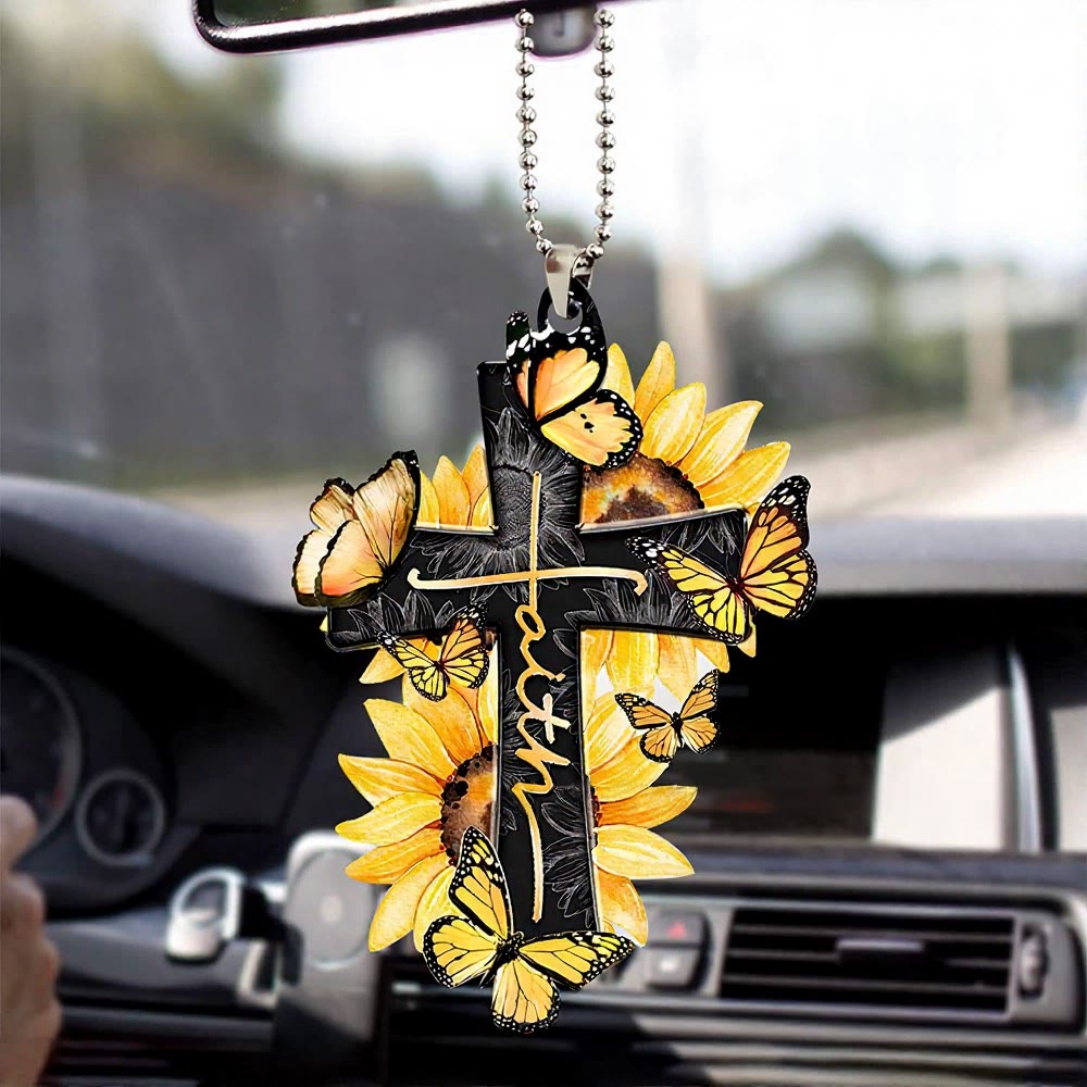 Christianartworkshop Pendentif de voiture Croix de la Foi Florale : Emblème de la Bénédiction d'un Voyage Céleste et Chaleureux - Tournesol Multi Papillon Monarque - image 2