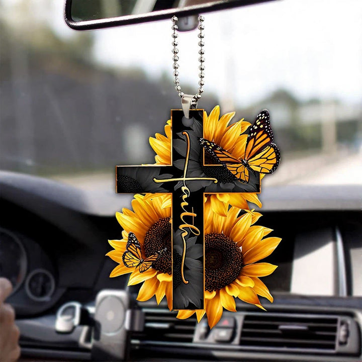 Christianartworkshop Pendentif de voiture Croix de la Foi Florale : Emblème de la Bénédiction d'un Voyage Céleste et Chaleureux - Tournesol Double Papillon - image 6