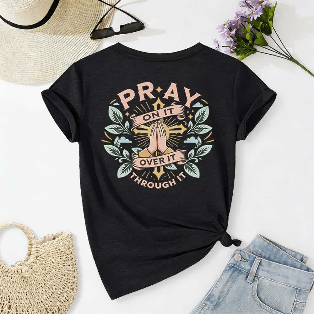 Christianartworkshop T-shirt à manches retroussées et nœud latéral pour femme « Pray On It » - image 1